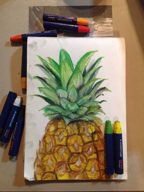 pineapple oil pastel painting, art, pineapple fruit, oil pastels, tonal study, staedtler, cool Oil Pastel Pineapple, Oil Pastel Fruit Drawings, Cool Art Drawings Ideas, Oil Pastel Fruit, Dry Pastel Art, Dry Pastels, Pastel Artwork, Pastel Sec, Oil Pastel Paintings