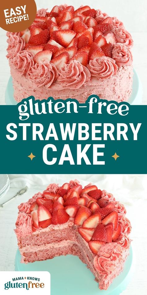 Make this homemade gluten-free strawberry cake with fresh strawberries and strawberry buttercream frosting! This easy recipe is perfect for any occasion and sure to be a hit. Pop over to our site for the recipe! Gluten Free Buttercream Cake, Easy Gluten Free Strawberry Cake, Strawberry Cake Gluten Free, Strawberry Desserts Gluten Free, Gluten Free Sweets Easy, Gf Strawberry Cake, Dairy Free Strawberry Cake, Gluten Free Cakes Recipes, Sugar Free Strawberry Cake