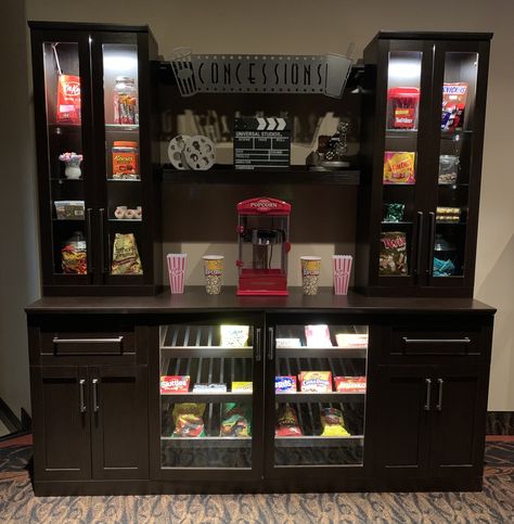 Theater Snack Bar Ideas, Popcorn Station Ideas Home, Movie Cabinet Ideas, Snack Bar For Movie Room, Movie Room Loft Ideas, Home Theater Loft Ideas, Home Theatre Candy Bar, Home Cinema Snack Bar, Snack Bar Movie Room