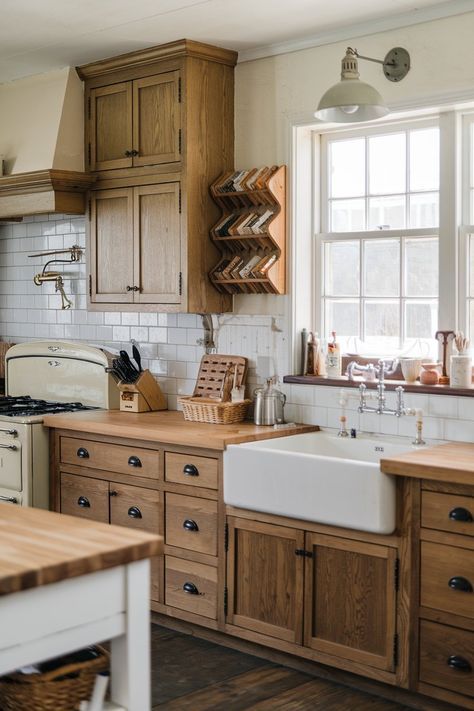 12 Farmhouse Kitchens With Oak Wood Cabinets! – My Kitchen Inspo Modern Farmhouse Kitchen With Oak Cabinets, Farmhouse Kitchen With Wood Ceiling, Cream Kitchen Cabinets With Butcher Block, Oak Kitchen Design Ideas, Honey Oak Cabinets Black Hardware, Two Tone Wood Cabinets, 80s Oak Cabinet Makeover, Small Kitchen Oak Cabinets, Butcherblock Countertop Kitchens