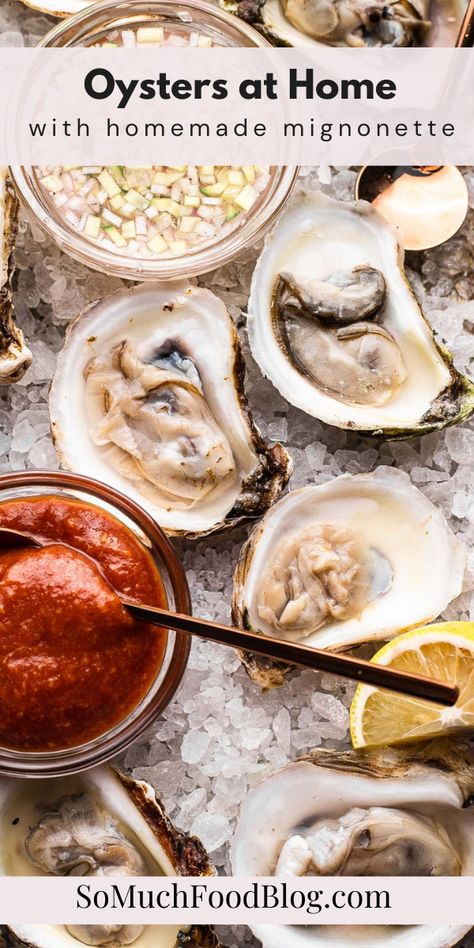 This recipe for oysters with mignonette will go over how to shuck, store, and serve oysters with both cocktail sauce and champagne mignonette. Oyster Mignonette Recipe, Oyster Minionette Sauce Recipes, Champagne Oysters, Mignonette Recipe, Cocktail Sauce Recipe, Oyster Recipes, Elegant Appetizers, Fresh Oysters, Lobster Recipes