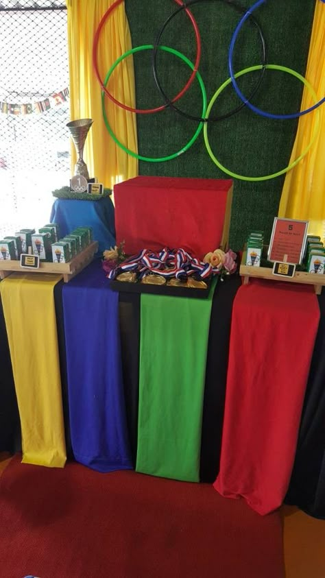 olympic party Olympic Games Party Decorations, Olympics Dramatic Play, Cathletics Vbs, Craft Ideas For Classroom, Olympic Decorations, Olympic Party Decorations, Vbs Olympics, Office Olympics, Olympics Decorations