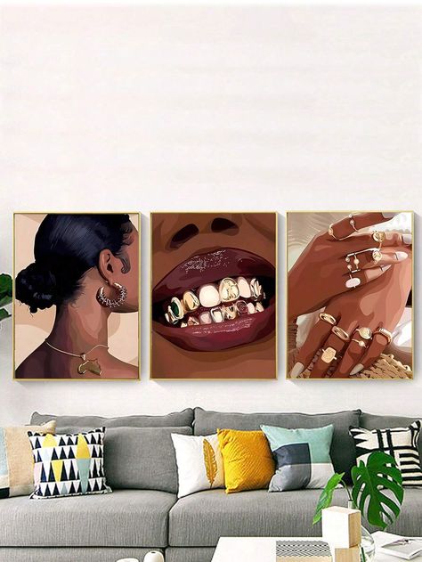 3pcs Bohemian Style Women's Golden Jewelry Set And Gold Tooth Brazilian Carnival Wall Art Paintings (No Frame) | SHEIN USA Female Wall Art, Boho Artwork, Feminine Wall Art, Woman Wall Art, Future Apartment Decor, Artwork For Living Room, Hanging Paintings, Artwork For Home, Apartment Decor Inspiration