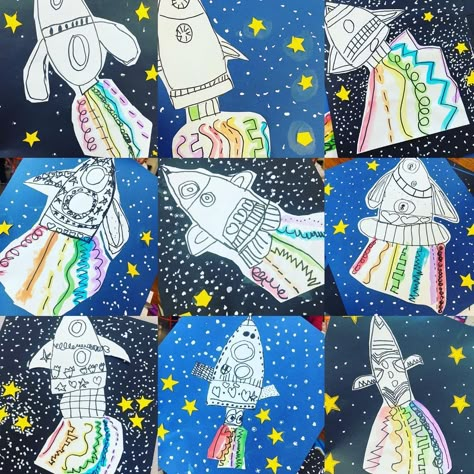 Megan Aguilar on Instagram: “Kindergarten is blasting off! They are learning about the solar system so what better project to do in art class! The kids had so much fun…” Outer Space Art Lessons Elementary, Solar System Art And Craft, Solar System Art Preschool, Solar System Art For Kids, Space Themed Art Projects, Solar System Art Projects For Kids, Solar System Projects For Kids Preschool, Kindergarten Solar System, Solar System Kindergarten