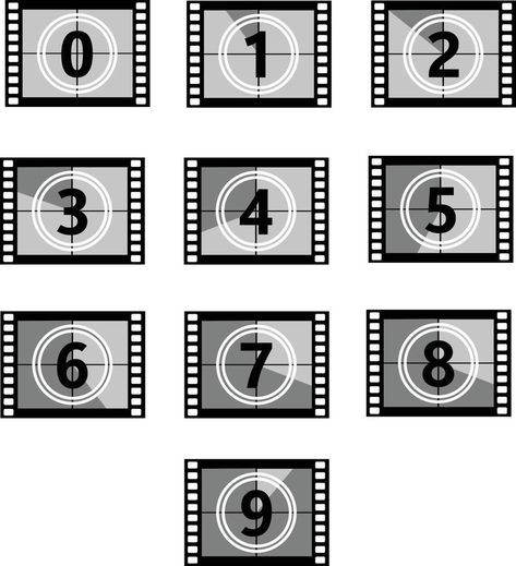 set a classic film countdown frame at the number one, two,three,four,five,six,seven,eight and nine. film countdown sign. movie timer count symbol. Film Clapper Board, Film Countdown Numbers, Magazine Numbers, Movie Symbols, Movie Elements, Theatre Symbol, Movie Countdown, Film Countdown, Countdown Ideas