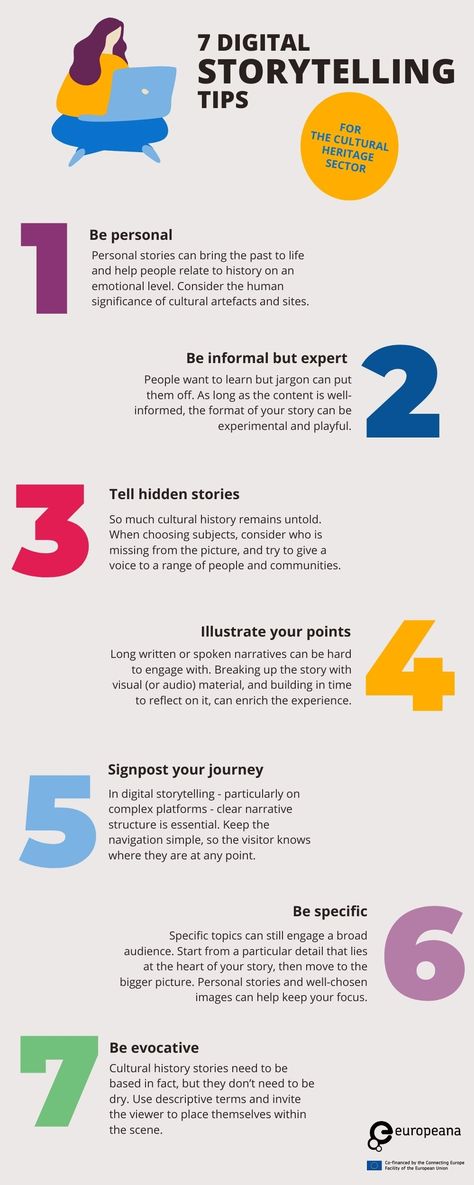 An infographic featuring 7 storytelling tips for digital cultural heritage: 1. Be personal 2.Be informal but expert 3. Tell hidden stories 4. Illustrate your points 5. Signpost your journey 6. Be specific 7. Be evocative Story Telling Tips, Storytelling Content Ideas, Story Telling Illustration, Story Telling Marketing, How To Storytelling, Infographic Storytelling, Storytelling Content, Storytelling Tips, Storytelling Ideas