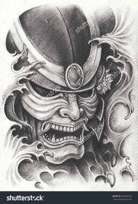 Samurai warrior tattoo design.Hand pencil drawing on paper. Samurai Mask Tattoo, Japanese Warrior Tattoo, Japanese Mask Tattoo, Samurai Drawing, Samurai Warrior Tattoo, Guerriero Samurai, Samurai Tattoo Design, Warrior Drawing, Japan Tattoo Design