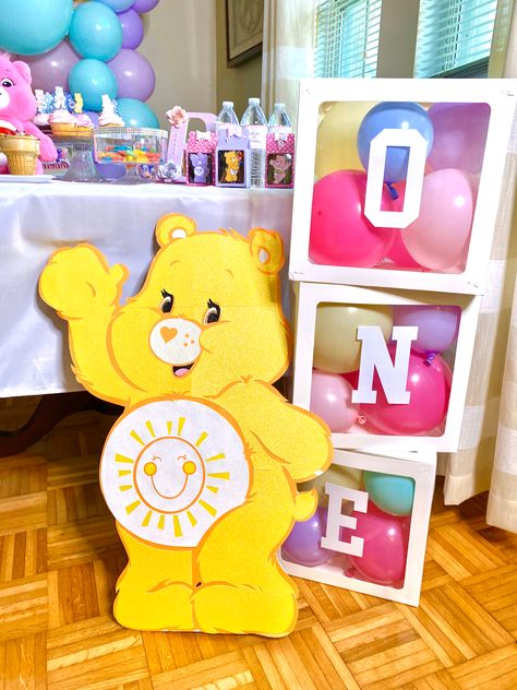 Carebear Theme Party Decorations, Care Bear Birthday Party Ideas Diy, Carebear Themed Birthday Party, Carebear 1st Birthday Party Ideas, Care Bear Party Favors, Carebear 1st Birthday, Care Bears 1st Birthday Party, Carebears Birthday Theme, Carebear Party Ideas