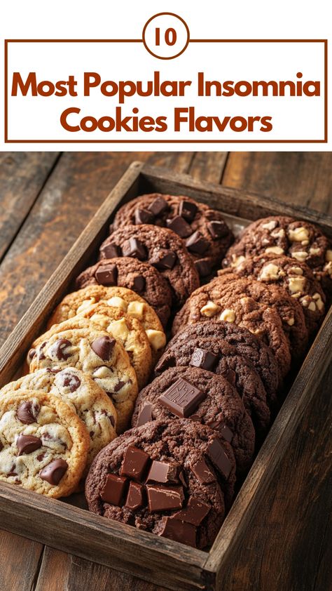 An assortment of popular Insomnia Cookies flavors, including classic Chocolate Chunk and Double Chocolate, displayed on a rustic wooden tray. Award Winning Snickerdoodle Cookies, Insomnia Cookies Recipe Copycat, Copycat Crumbl Cookies Chocolate, Copycat Insomnia Cookies, $250 Cookie Recipe Neiman Marcus, Most Popular Cookies, Cookies Flavors, Insomnia Cookies, Popular Cookies