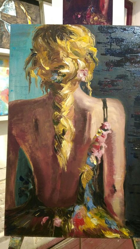 Woman Back Painting Acrylic, Back Painting, Fine Art Painting Oil, Palette Knife Painting, Knife Painting, Sketch Painting, White Hair, Portrait Art, Figurative