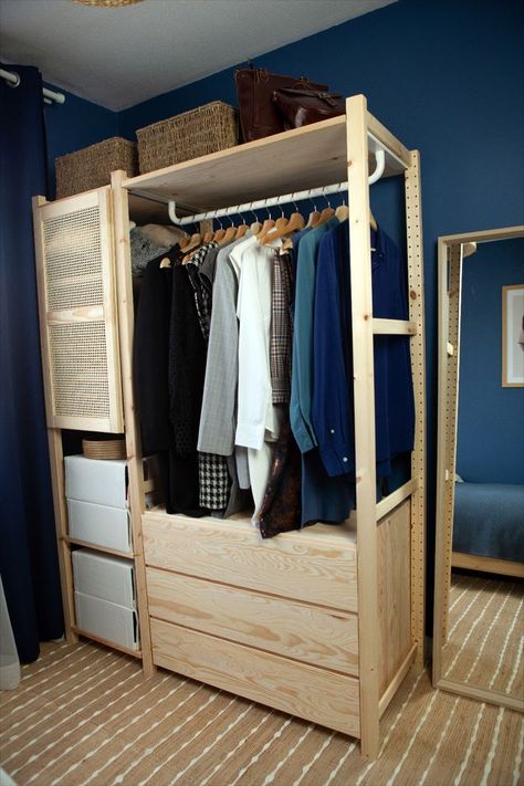 Ikea Ivar Wardrobe, Ivar Wardrobe, Diy Rattan Headboard, Small Bedroom Office, Small Apartment Inspiration, Diy Rattan, Aesthetic Wardrobe, Wardrobe Organization, Wardrobe Aesthetic