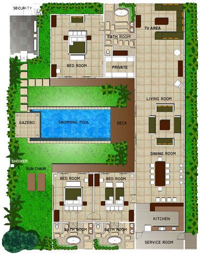 House Plans With Pool, Tropical House Plans, U Shaped House Plans, U Shaped Houses, Bali Style Home, House Printable, Vacation Villa, Villa Bali, Pool House Plans