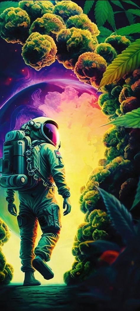 Astronaut's space walk on planet Hemp surrounded by Giant leags & Buds in Trippy-Neon-ish-Fluor colors cropped mobile wallpaper 1080x2400 Space Walk Astronaut, Iphone Wallpaper Astronaut, Trippy Astronaut, Hemp Wallpaper, Planet Hemp, Space Walk, Deep Sea Diver, Astronaut Wallpaper, Space Boy