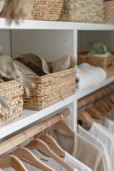 5 Tips for an Organized 4x6 Walk-In Closet Design Neutral Closet Aesthetic, Minimalist Walk In Closet, Minimalist Closet Organization, Minimal Closet, Closet Organisation, Functional Wardrobe, Walk In Closet Design, Colorful Storage, Minimalist Closet