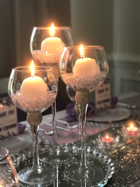 Candle Stick Decor Ideas, Birthday Candy Table, Wine Glass Centerpieces, Diy Floral Centerpieces, Sunflower Wedding Favors, Wine Glass Candle, Candle Stick Decor, Sweetheart Table Wedding, Candle Wedding Centerpieces