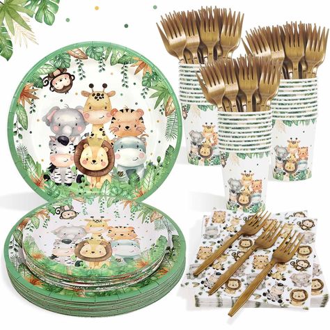 PRICES MAY VARY. JUNGLE SAFARI DESIGN: Our tableware set is designed with cute safari animals and greenery leaves,which decorates table adorable and vibrant to welcome guests. Come on! Use this plate set to hold a specially jungle safari theme party ONE SERVES 25 GUEST: In one set,each item is 25pcs, includes 9” dinner plates +7”dessert plates + napkins + 9oz cups+ straws, totally 125pieces. Perfect for various occasions, from boy baby shower decorations,kids zoo birthday party supplies,wild one Sage Green Plates, Jungle Safari Party Decorations, Safari Party Decorations, Baby Shower Plates, Zoo Birthday Party, Jungle Party Decorations, Jungle Theme Parties, Jungle Safari Party, Safari Theme Party