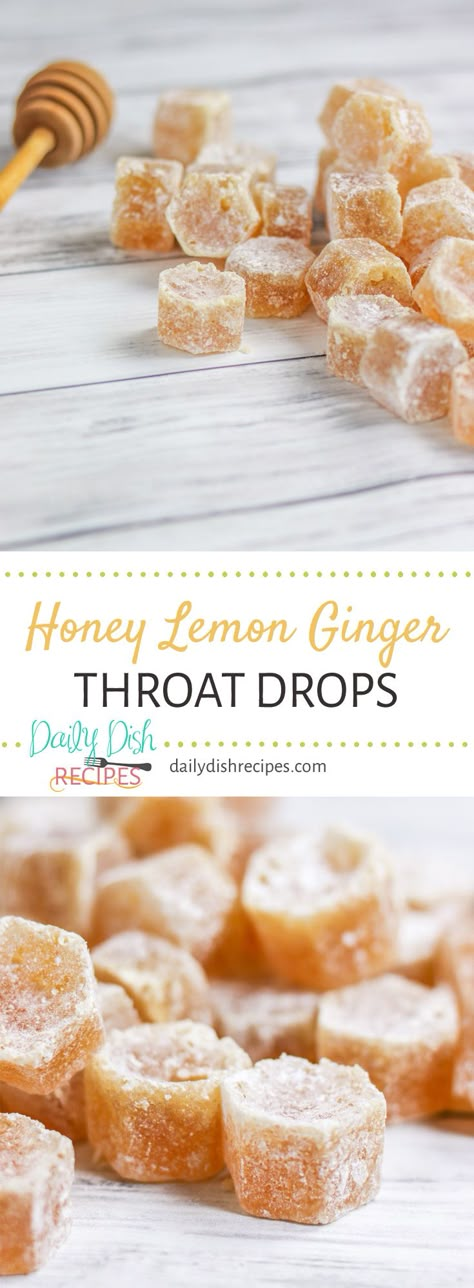 Spring cold? Sore throat? Cough that won't go away? These Homemade Honey Lemon Ginger Throat Drops are incredibly soothing, taste wonderful and when you're feeling better, drop the leftovers in your hot tea to sweeten it. Delicious to the last drop. Honey Drops Sore Throat, Homemade Sore Throat Drops, Ginger Honey Cough Drops, Honey Drops For Tea, Things To Make With Honey, Ginger Drops, Honey Sweets, Honey Ideas, Honey Candy