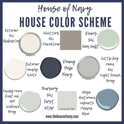 9 Stunning Coastal Paint Colors For Your Home - House of Navy Whole House Farmhouse Paint Scheme, Paint Schemes Interior Whole House, Whole House Interior Paint Color Scheme, Coastal Farmhouse Paint Colors, Navy Living Room Ideas, Whole House Paint Scheme, Lake House Paint Colors, Whole House Color Palette, Whole House Color Scheme