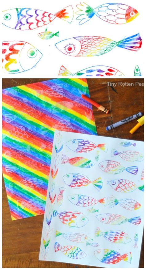 Crayon Transfer Technique · Craftwhack Easy art projects for kids are the best. Plus this is mess-free. (bonus!) Transfer Art, Freetime Activities, Jackson Avery, Art Project For Kids, Project For Kids, Vbs Crafts, Easy Art Projects, Rainbow Fish, Elementary Art Projects