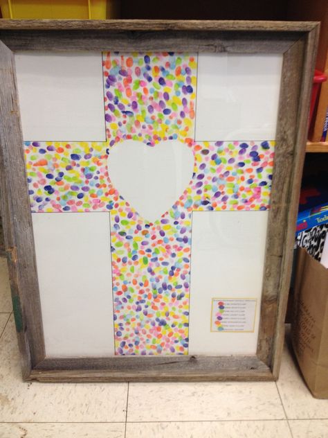 Preschool finger print cross art work. Gift Idea. Gods Thumbprint Art, Fingerprint Cross Art, Christian Class Auction Projects, 5 Finger Prayer For Kids Craft, Jesus On The Cross Art For Kids, Teacher Gifts From Class, Christian Canvas Paintings, Easter Math Activities, School Auction Projects