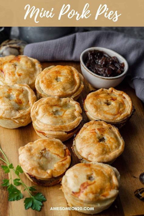 These Mini Pork Pies are a simplified version of the British classic. Your favorite pastry holds a juicy, seasoned pork and onion filling perfect for snacks, parties, and picnics. It's totally awesome. #porkpies #britishfood #partyfood Pork Pie Recipe, Pork Pies, Ground Pork Recipes, Pies Recipes, Scottish Recipes, Meatless Main Dishes, Pies Maker, Pot Pies, Pork Pie