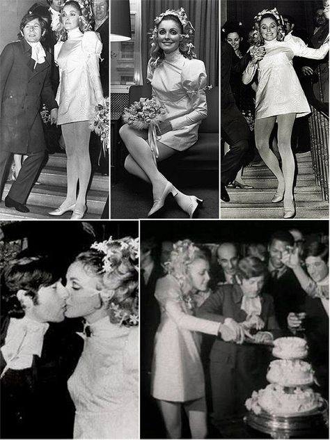 Celebrity/iconic brides through the years: Sharon Tate/Roman Polanski wedding in 1968. Mini wedding dresses were all the rage! Mini Vintage Dress, 60s Courthouse Wedding, 60s Wedding Dress Short, Sharon Tate Wedding Dress, 60s Bride Aesthetic, 1960s Short Wedding Dress, Wedding Dresses 60s Style, 60s Mini Wedding Dress, Sharon Tate Wedding