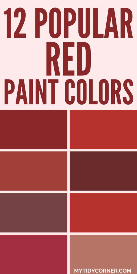 Collage of trending red paint colors from popular brands. Red Clay Paint Color, Colonial Red Paint, Red Dining Room Walls, Farmhouse Red Paint Colors, Red Kitchen Cabinets Color Schemes, Sherwin Williams Reds, Dark Red Living Room Walls, Benjamin Moore Cottage Red, Barn Red Paint Color