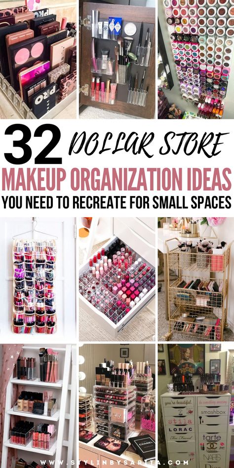 makeup organization ideas Skincare And Makeup Organization, Dollar Tree Bedroom Organization, Dollar Store Makeup Organization, Organization Ideas For Bathroom, Makeup Storage For Small Spaces, Lipgloss Storage, Diy Makeup Storage Ideas, Dollar Store Makeup, Makeup Storage Hacks