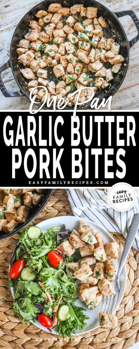 You’ll be amazed at how quick this recipe is! My kids LOVE these garlic butter pork bites because they’re tender, juicy, and perfectly bite-sized! It starts with pork chops that are cubed and seasoned then cooked and tossed in a yummy pan sauce made with garlic, butter, and lemon. It’s a 20 minute meal for busy families that everyone will adore. When you need a fast dinner idea for kids this is the best way to get delicious pork chops on the table that is fun, new, and completely stress free. Garlic Pork Chop Bites, Quick And Easy Pork Chop Recipes, Garlic Butter Pork Chop Bites, Garlic Butter Pork Bites, Pork Bites Recipes, Garlic Pork Bites, Dinner Idea For Kids, Pork Chop Bites, Recipes With Pork Chunks