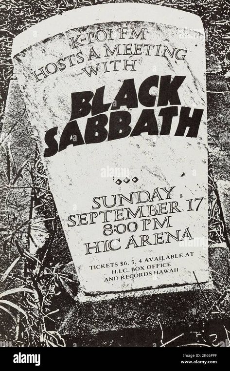 Download this stock image: K-POI FM Hosts a meeting with Black Sabbath 1972 Honolulu, Hawaii - Tombstone Concert Poster. HIC Arena. - 2K66PPF from Alamy's library of millions of high resolution stock photos, illustrations and vectors. Black Sabbath Concert, Vintage Music Art, Concert Poster Art, Grunge Posters, Music Pictures, Concert Poster, Rock Concert, Tour Posters, Rock Posters