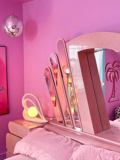 Tour a Barbie-Inspired Connecticut Home — Photos | Apartment Therapy 80s Dining Room, Colorful Maximalist Bedroom, 80’s Decor, Monochrome Room, Vintage Band Posters, Dream Ranch, Danbury Connecticut, Pink Monochrome, Pink Neon Lights