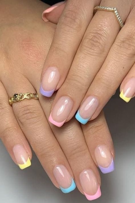 Easter Nail Ideas, Easter nails, pastel nails, floral nails, pastel french tip nails, french tip nails Classy Gel Nails, Slay Nails, Rainbow French, Gel Nails French, Pastel Nails Designs, Simple Gel Nails, Summery Nails, French Tip Acrylic Nails, Short Acrylic Nails Designs