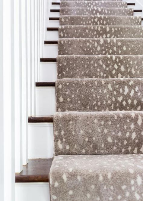 A gray animal print stair runner accents a white staircase boasting stained wood treads and white spindles. Animal Print Stair Carpet, Hallway Runners Ideas Entrance Halls, Animal Print Carpet On Stairs, Transitional Stair Runner, Animal Print Carpet, Carpeted Stairs, Stairs Runner, Carpet Diy, White Staircase