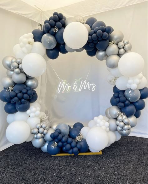 Blue And Silver 50th Birthday Ideas, Blue And Grey Balloon Garland, Blue And White Balloon Decorations, White And Blue Balloon Arch, Blue Silver Balloon Garland, September Baby Showers, Blue Balloon Arch, Prom Balloons, Airplane Birthday Party Decorations