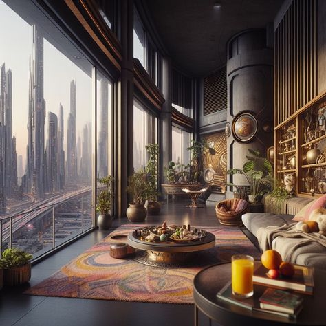 Padme's Apartment, Sci Fi Apartment Interior, Steampunk Apartment, Scifi Setting, Star Wars Apartment Concept Art, Scifi Office Concept Art, Sci Fi Apartment, Futuristic Living Room Concept Art, Fantasy Apartment