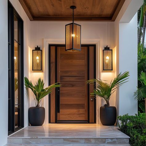 Front Door Indoor Decor, Modern Pillar Design Exterior Entrance, Stairs Leading To Front Door Entrance, Front Door With Panels, Foyer Doors Entryway, Modern Transitional Front Door, Tall Doors Entrance, Mirror On Front Door, French Door Front Door Entrance