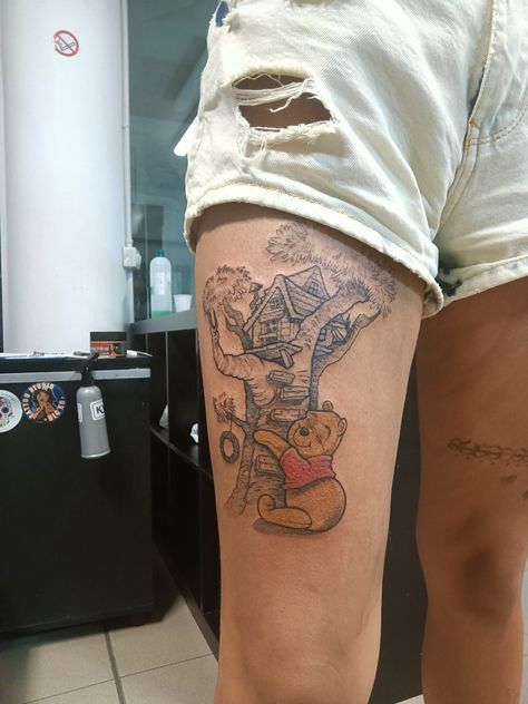 Home, Winnie the Pooh, honey, bee, tree, yellow, tattoo, leg Winnie The Pooh Tattoo, Pooh Tattoo, Winnie The Pooh Tattoos, My 25th Birthday, Tigger Disney, Disney Tattoo, Disney Tattoos, 25th Birthday, Tattoo Idea