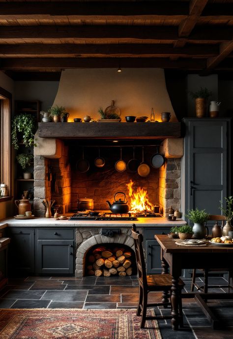 Rustic Kitchen White Kitchen Red Brick Backsplash, Stone Fireplace In Kitchen, Cooking Fireplace In Kitchen, Kitchen With A Fireplace, Kitchen Fireplace Cooking, Fireplace In Kitchen Ideas, Rustic Farmhouse Aesthetic, Rustic Brick Kitchen, Hearth Room Off Kitchen With Fireplace