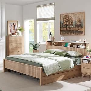 T4TREAM Fluted Panel Queen Bed Frame with Bookcase Headboard & Charging Station, Modern Wood Platform Bed with 4 Drawers, Wood Slats Support, Noise Free, No Box Spring Needed, Natural Oak Color Fluted Panel, Top Bed, Dresser Tv Stand, Modern Chests, Sliding Drawers, Modern Chest Of Drawers, Bookcase Headboard, Queen Size Bed Frames, Queen Bed Frame