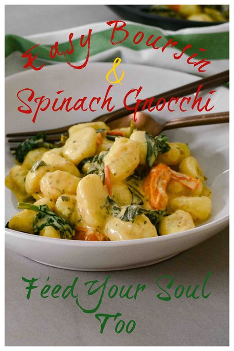 Easy Boursin & Spinach Gnocchi - Feed Your Soul Too Boursin Cheese Gnocchi, Boursin Spinach, Baked Goat Cheese Pasta, Gluten Free Orzo, Spinach Gnocchi, Gnocchi Pasta, Goat Cheese Pasta, Baked Goat Cheese, Baked Gnocchi