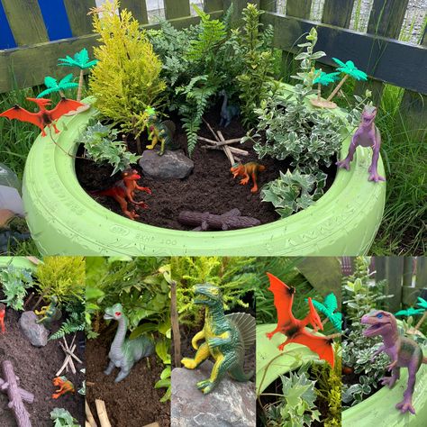 Dinosaur area made from an old tyre with some spray paint and adding some plants! Repurposed Tyres, Sandbox Makeover, Eyfs Garden, Koala Room, Outdoor Playscapes, Eyfs Outdoor Area, Dinosaur Garden, Happy Hollow, Outdoor Learning Spaces