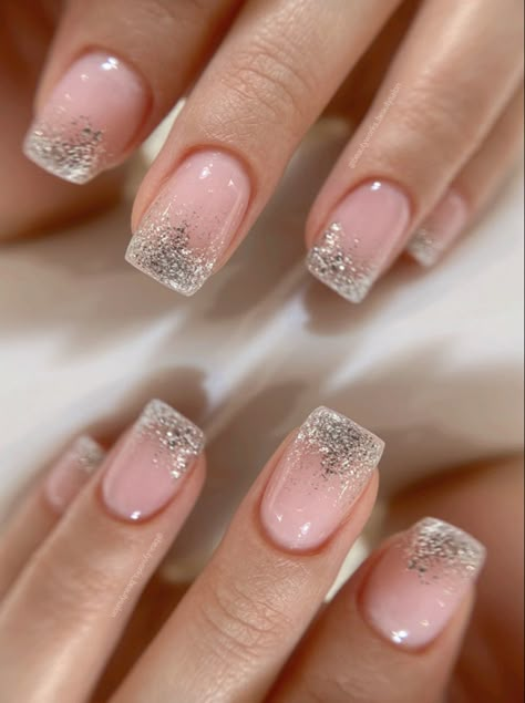 Glitter Nail Extension Designs, Glitter Tip Square Nails, Acrylic Nails Glitter Fade, French Manicure Designs Sparkle, Sparkly Nails Short Square, Short Ombre Nails Square With Glitter, Cocktail Party Nails Classy, Bridal Glitter Nails, Falling Glitter Nails