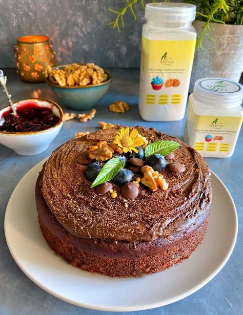 Eggless Sugar-Free Chocolate Walnut Cake - Loveandflourbypooja Stevia Cake, Chocolate Walnut Cake, Sugar Free Condensed Milk, Sugar Free Cake Recipes, Sugar Free Chocolate Cake, Condensed Milk Cake, Healthy Chocolate Cake, Chocolate Brownie Cake, Eggless Chocolate Cake