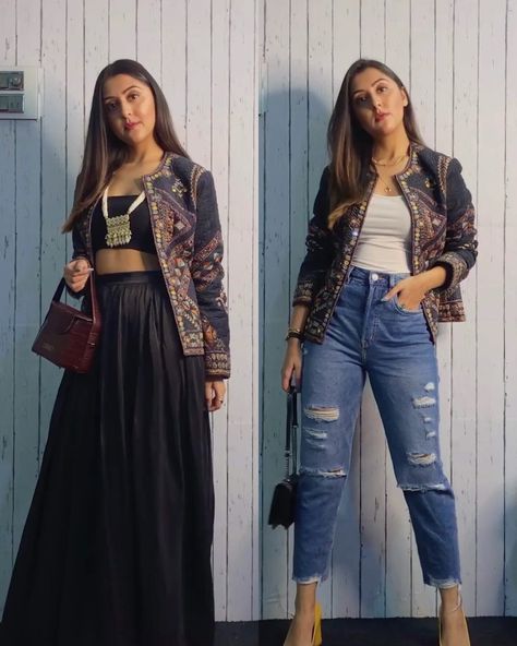 Farheen Panjwani on Instagram: “Skirt or Denims? What do you prefer wearing for Navratri?  Left Look: Jacket @labelritukumar Bag @wearerheson Skirt: Stitched Necklace:…” Navratri Jacket Outfit, Outfit For Navratri, Farheen Panjwani, Navratri Jacket, Styling Videos, Bag Zara, What Do, Denim Jacket Outfit, Denim Skirt Outfits