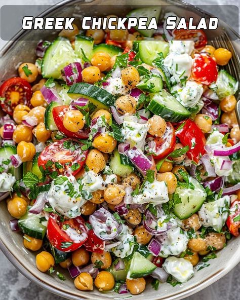 Yay Recipes Chickpea Protein Salad, Greek Salad With Tzatziki Sauce, Greek Salad Bowl Recipe, Tzatziki Sauce Salad, Greek Chickpea Salad + Tzatziki Dressing, Tzatziki Chicken Salad Recipe, Chicken Chickpea Salad, Chickpea Greek Salad, Tzatziki Chicken Salad