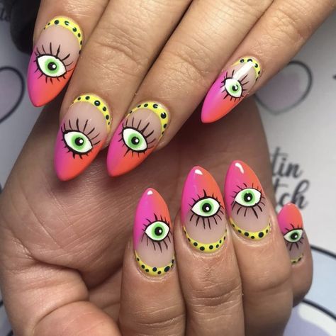 Spring Witch Nails, Red Evil Eye Nails, Hamsa Nails, Dopamine Nails, Sammi Jefcoate Nails, Short Witchy Nails, Tarot Card Nails, Crazy Nail Art Unique, Ufo Nails