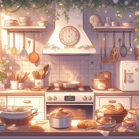 Anime Kitchen Aesthetic, Cozy Kitchen Illustration, Kitchen Concept Art, Animated House, Kitchen Reference, Notion Library, Aesthetic Illustrations, Kawaii Kitchen, Valentine Day Video