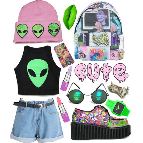 "Who Abducted Lisa Frank?" by emilylikespie on Polyvore Alien Clothes, Aliens Exist, Space Grunge, Alien Aesthetic, Look Festival, Alien Girl, Rave Fashion, Moda Chic, Lisa Frank