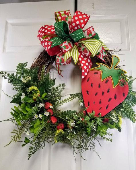 SPRING STRAWBERRY WREATH Spring Decor Ready to ship Summer | Etsy Minnie Mouse Wreath, Strawberry Cottage, Strawberry Wreath, Summer Deco Mesh Wreaths, Strawberry Decor, Patriotic Door Hanger, Summer Mesh Wreaths, Strawberry Summer, Summer Deco