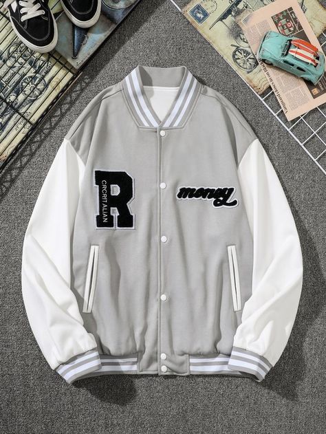 Grey Jacket Outfit Men, Grey Jacket Outfit, Varsity Outfit, Baseball Jacket Outfit, Senior Jackets, Jacket Baseball, Men Outerwear, Casual Denim Jeans